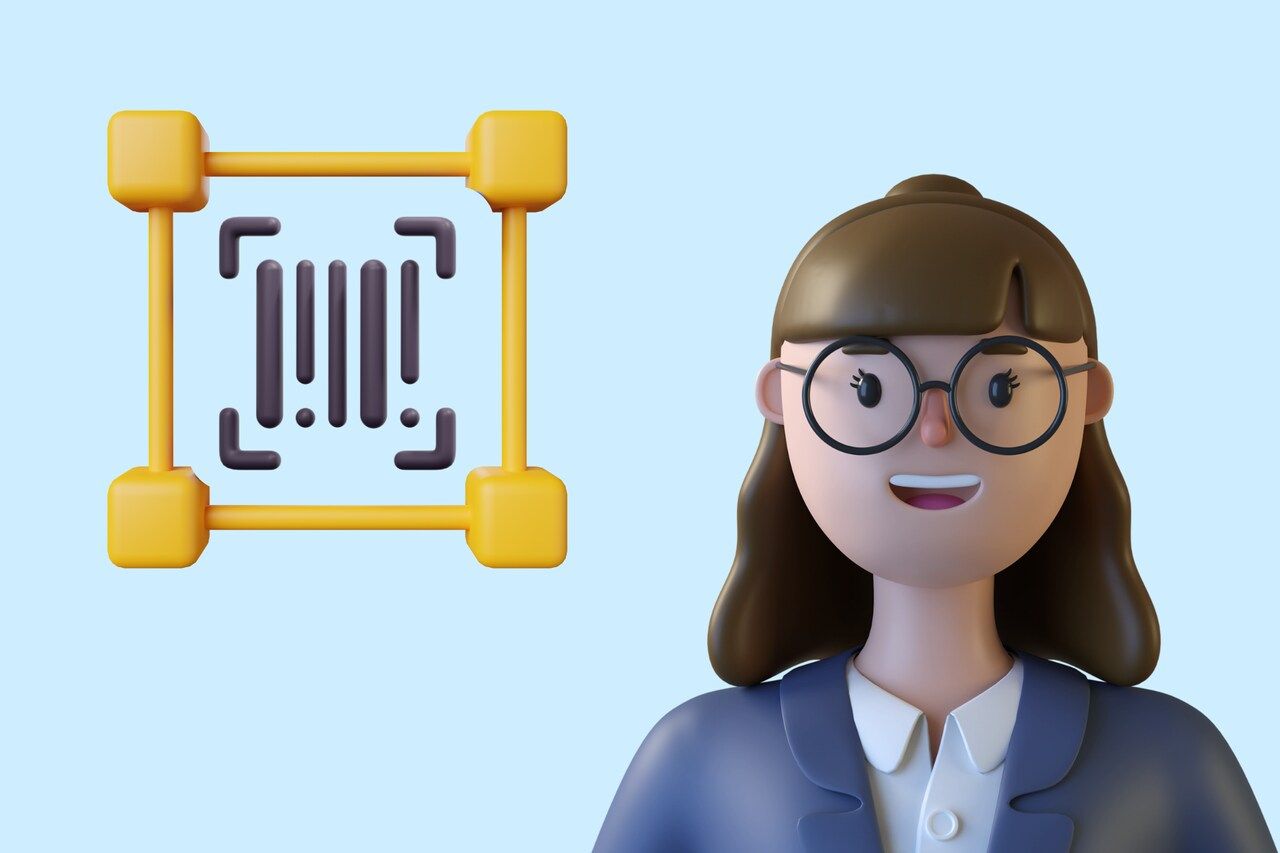 the barcode in a frame and a lady in suit on a blue background