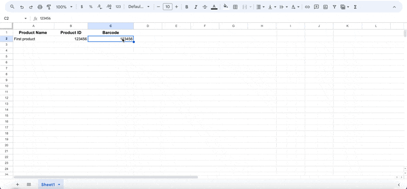 Animated demo of a Google Sheets cell switching from plain text to a rendered Libre Barcode 39 barcode after font change