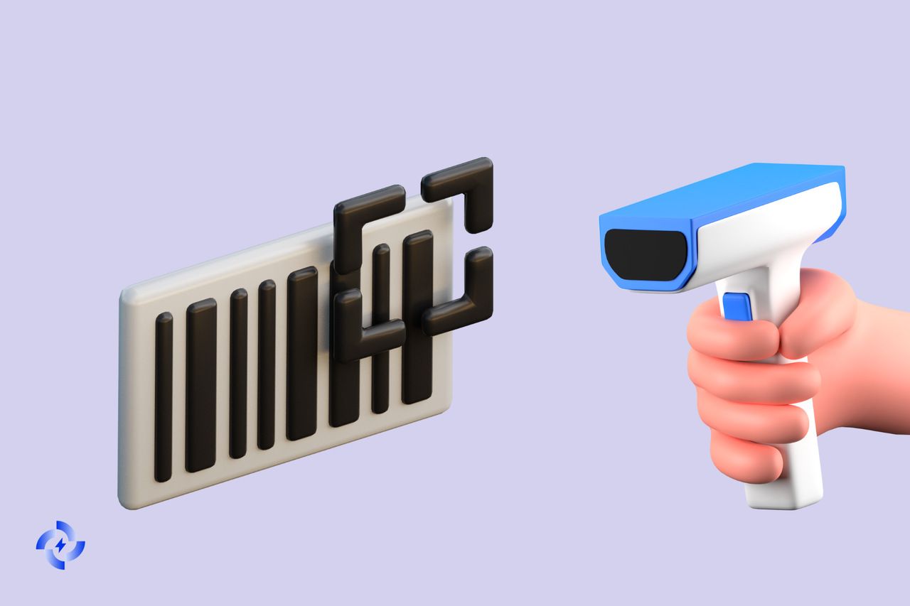 A barcode scanner reading a 1D linear barcode on a light purple background