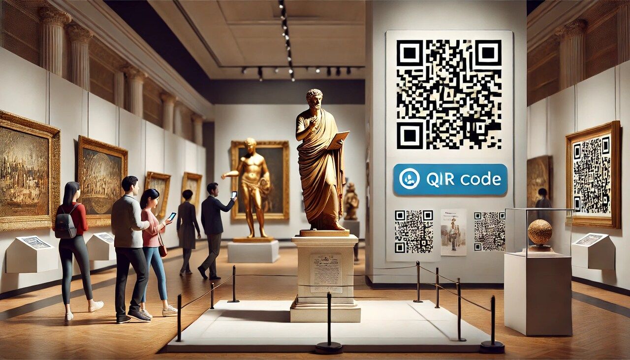 QR code displayed next to museum statues for an interactive exhibit