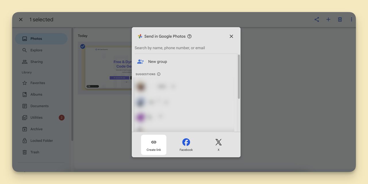 Google Photos interface showing the Share panel with Create link option and copy URL button
