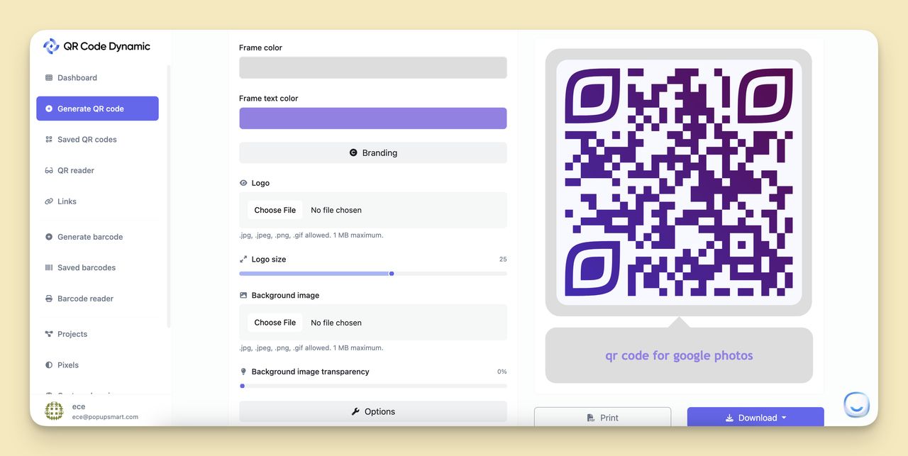 QR Code Dynamic customization panel showing color pickers logo upload and frame text options