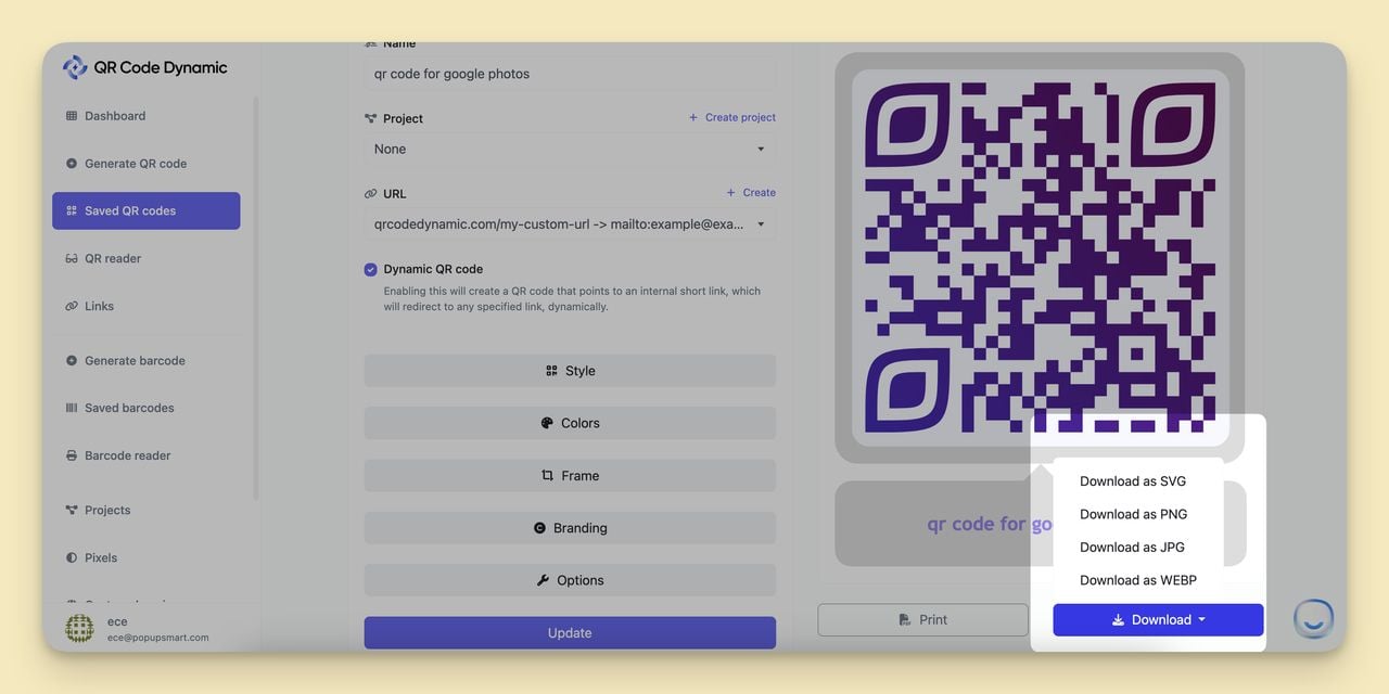 QR Code Dynamic download menu showing format options PNG SVG PDF and JPG for export