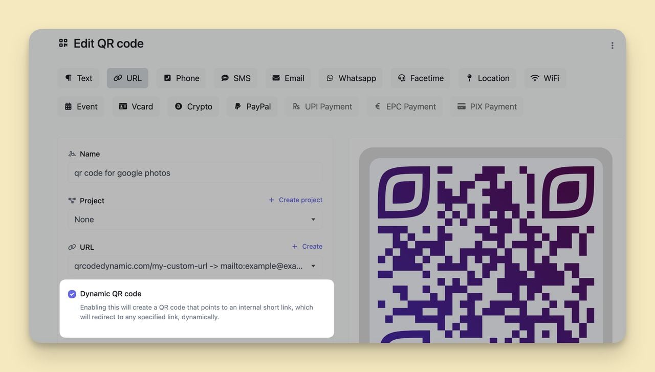 Dynamic QR Code toggle checkbox on the QR Code Dynamic builder dashboard being enabled
