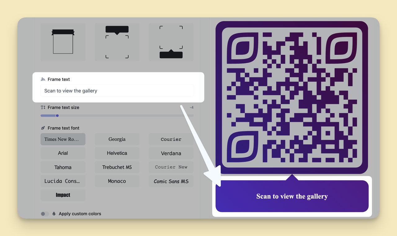 Frame text field on QR Code Dynamic dashboard with a custom call-to-action being typed in