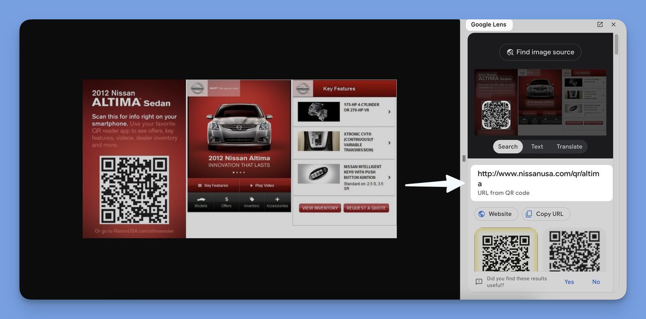 Google Lens side panel decoding a QR code in Chrome