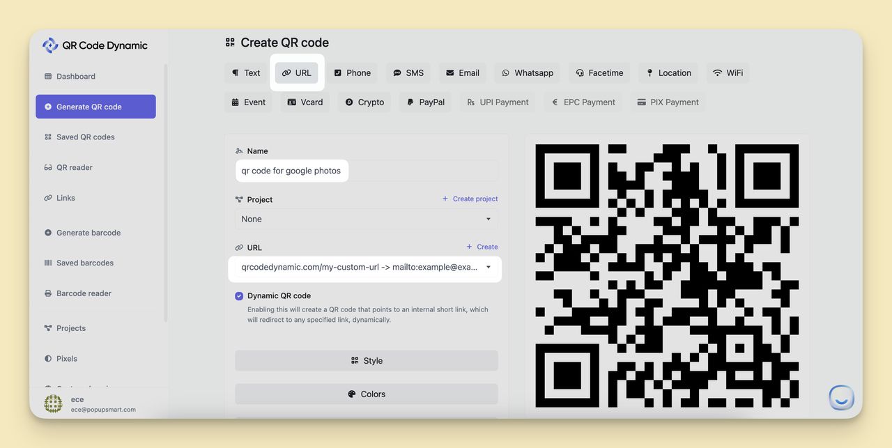 QR Code Dynamic URL QR code builder with Google Photos link pasted in the URL field