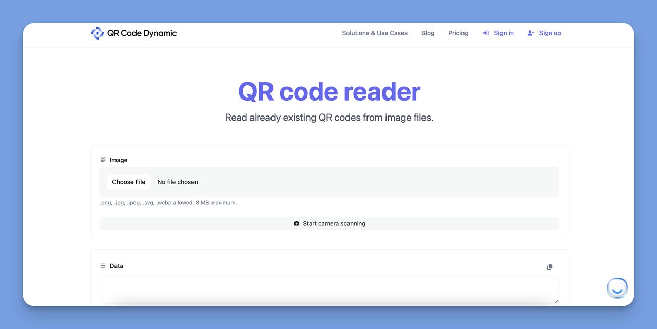 QR Code Dynamic Reader upload interface with Choose File button