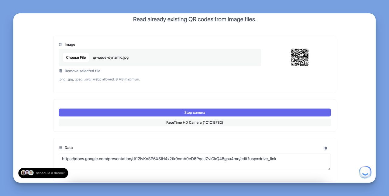 Decoded QR code data displayed in QR Code Dynamic reader