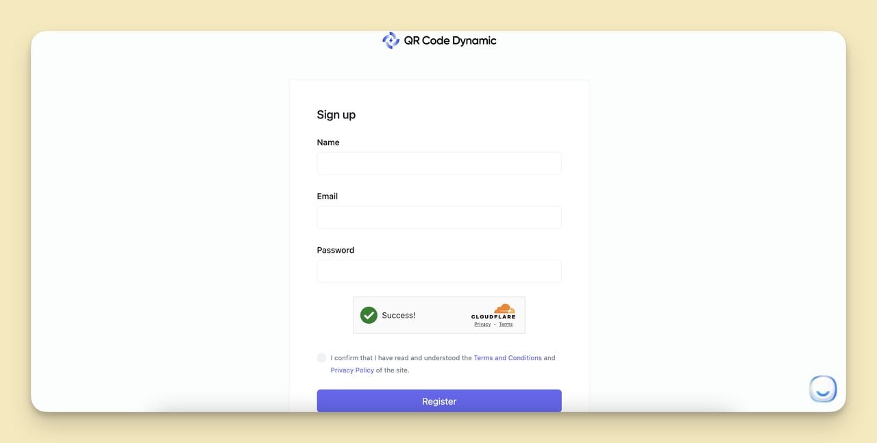 QR Code Dynamic registration page showing signup form with email and password fields