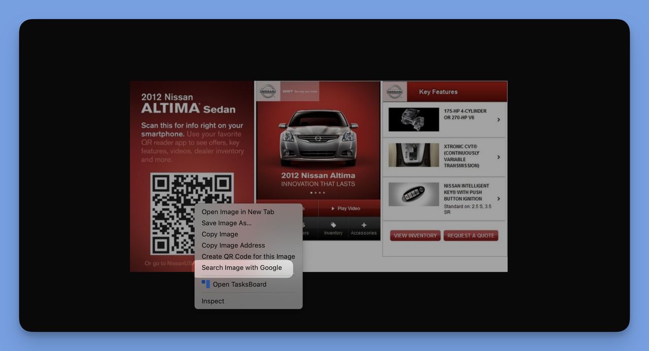 Chrome right-click menu showing Search Image with Google option for a QR code