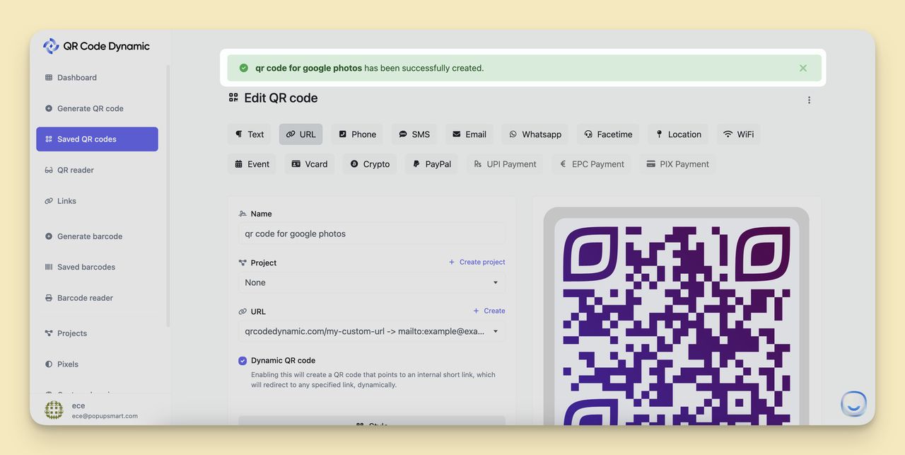 QR Code Dynamic success notification confirming the QR code was generated successfully