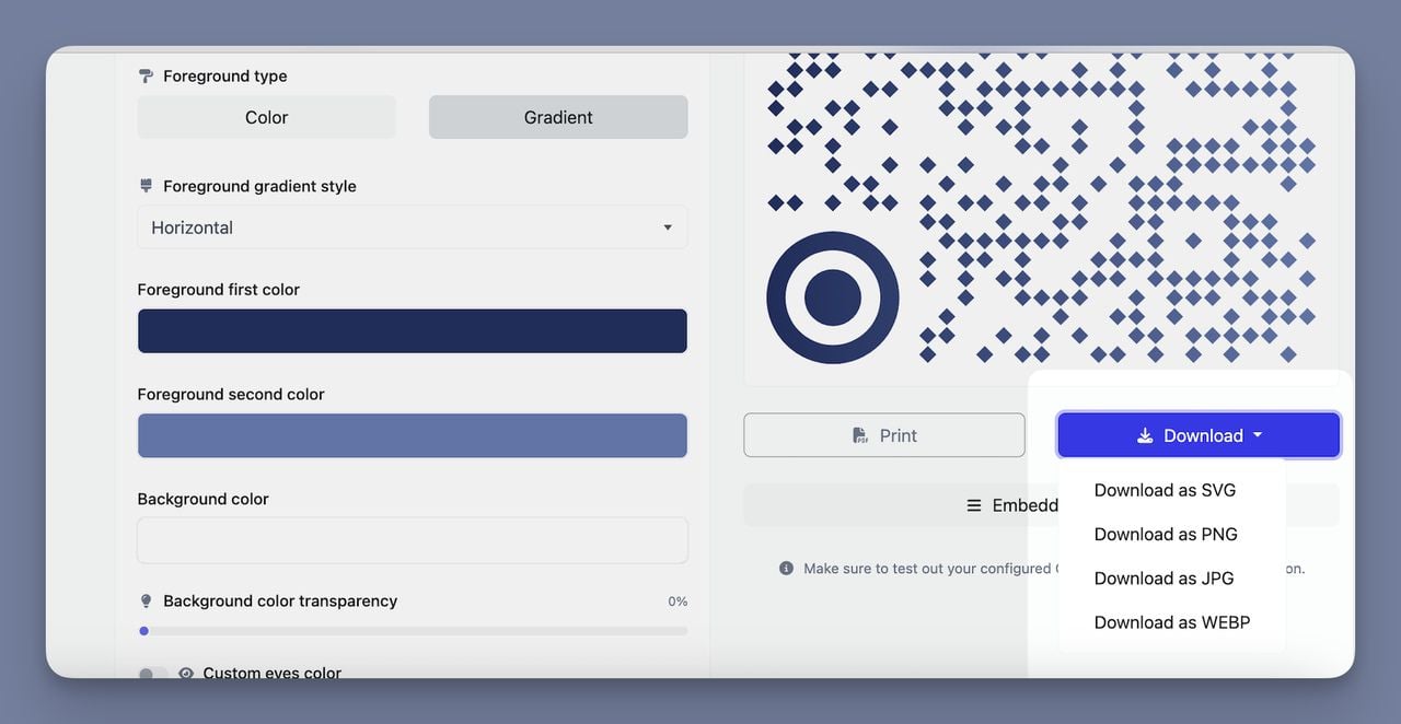 Downloading the final feedback QR code in PNG or SVG format ready for print