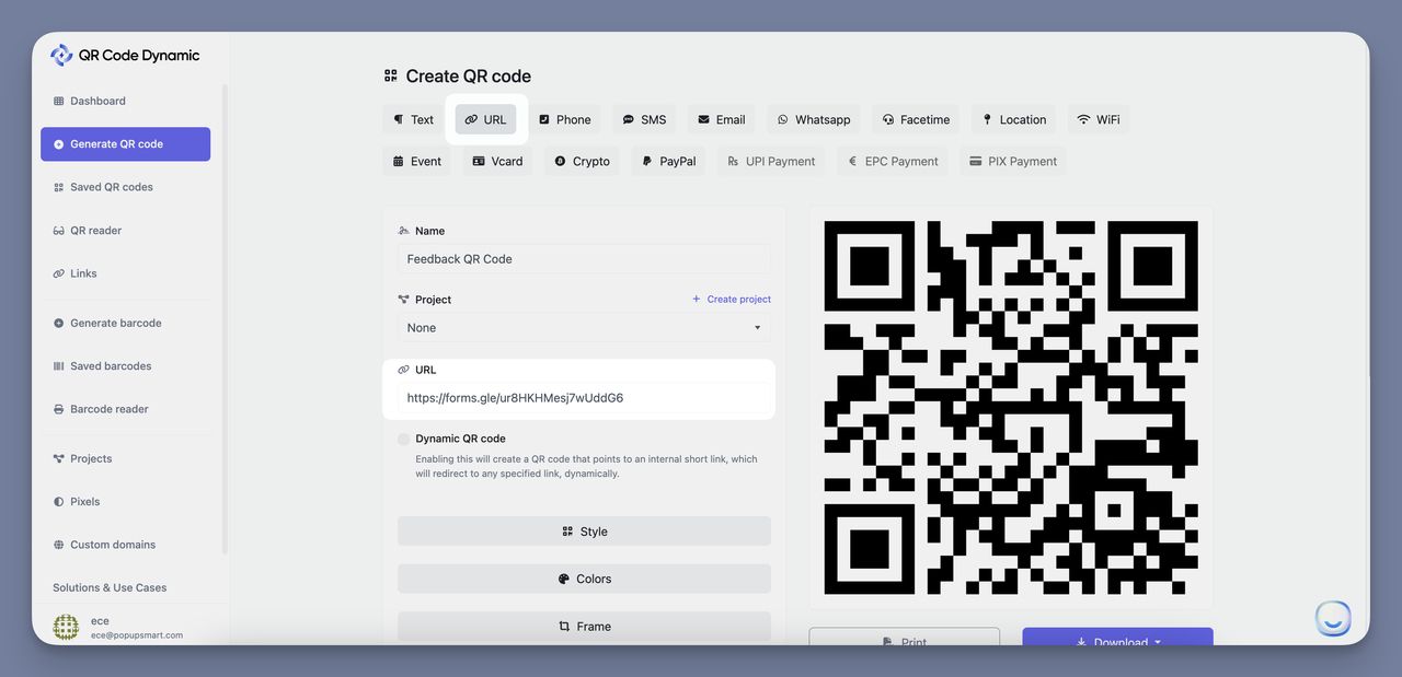 Pasting the survey form URL into the QR code generator to create a dynamic feedback QR code