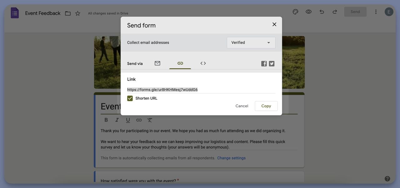 Copying the public form URL from Google Forms to use in a feedback QR code