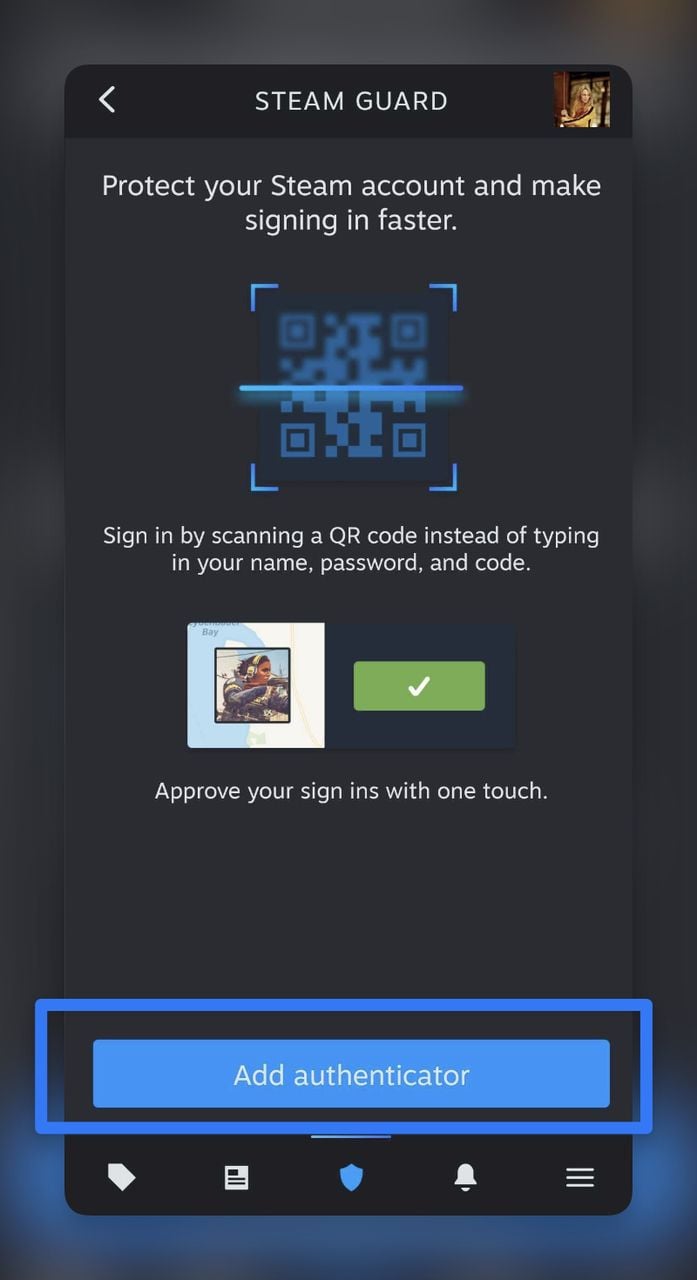 Add Authenticator button on the Steam Mobile App to enable two-factor authentication