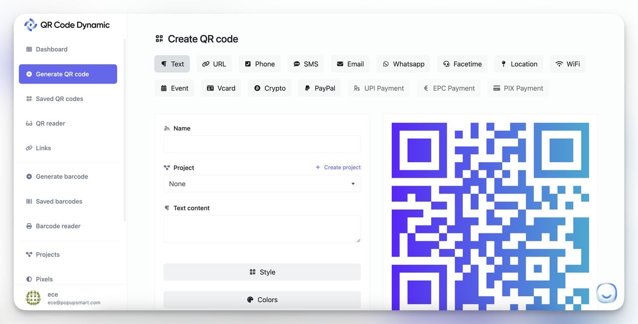 QR Code Dynamic dashboard showing the Generate QR Code menu option for new codes