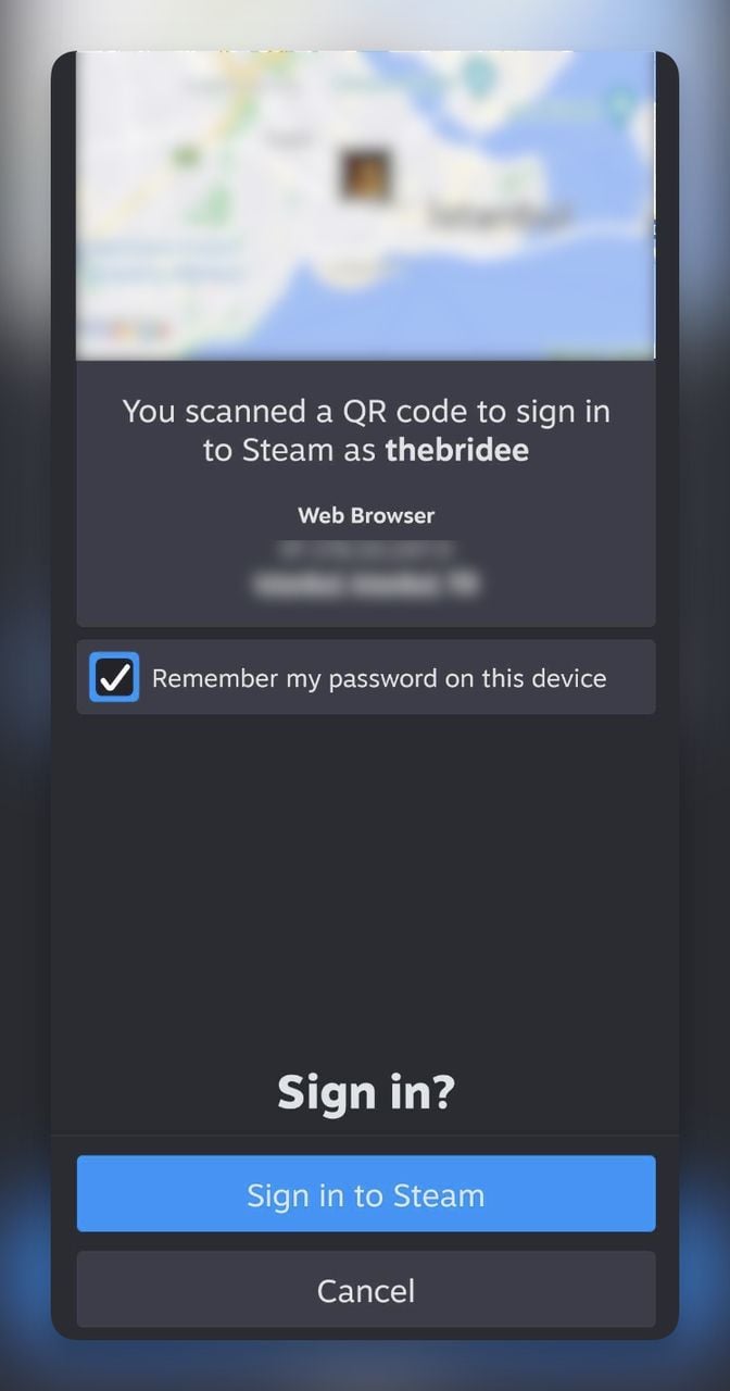 Steam Mobile App showing You scanned a QR code to sign in to Steam as thebridee