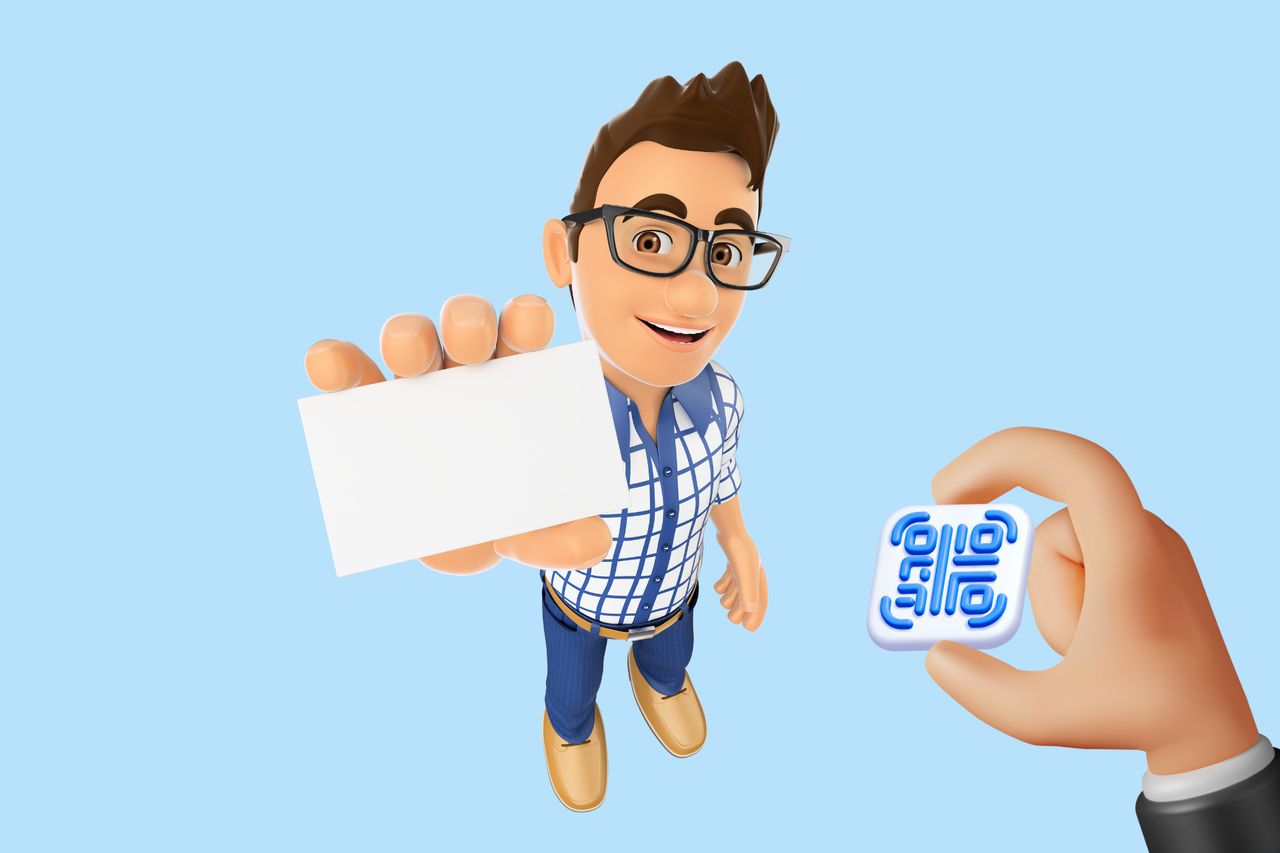 A cover image with images of a person holding a business card and a qr code on the right.