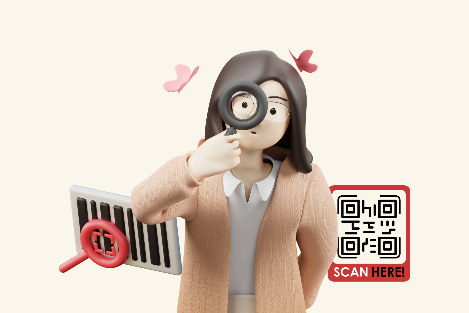 Cover imagIllustration of a person with a magnifying glass comparing a barcode and a QR code, representing 1D vs 2D barcodes.