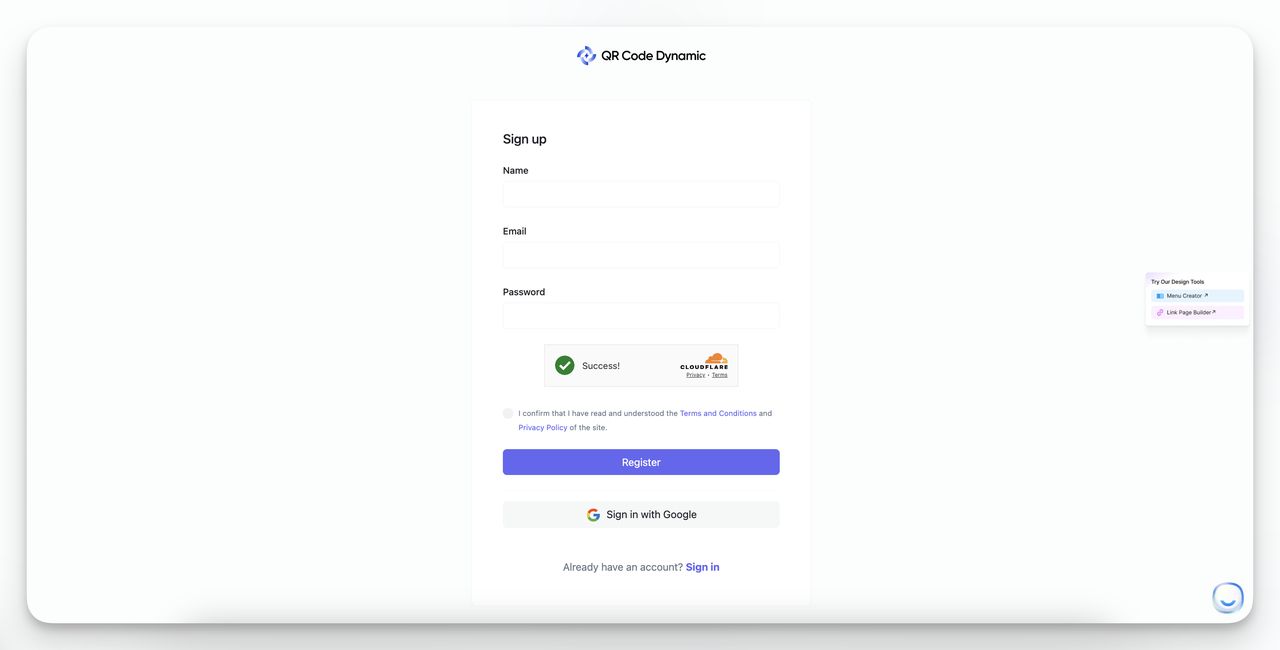 QR Code Dynamic register page sign-up form for new account creation