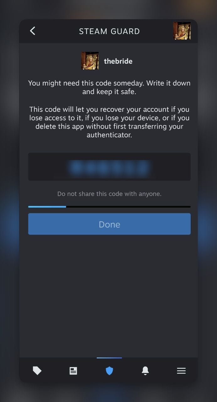 Steam Guard recovery code displayed in the Steam Mobile App after authenticator activation