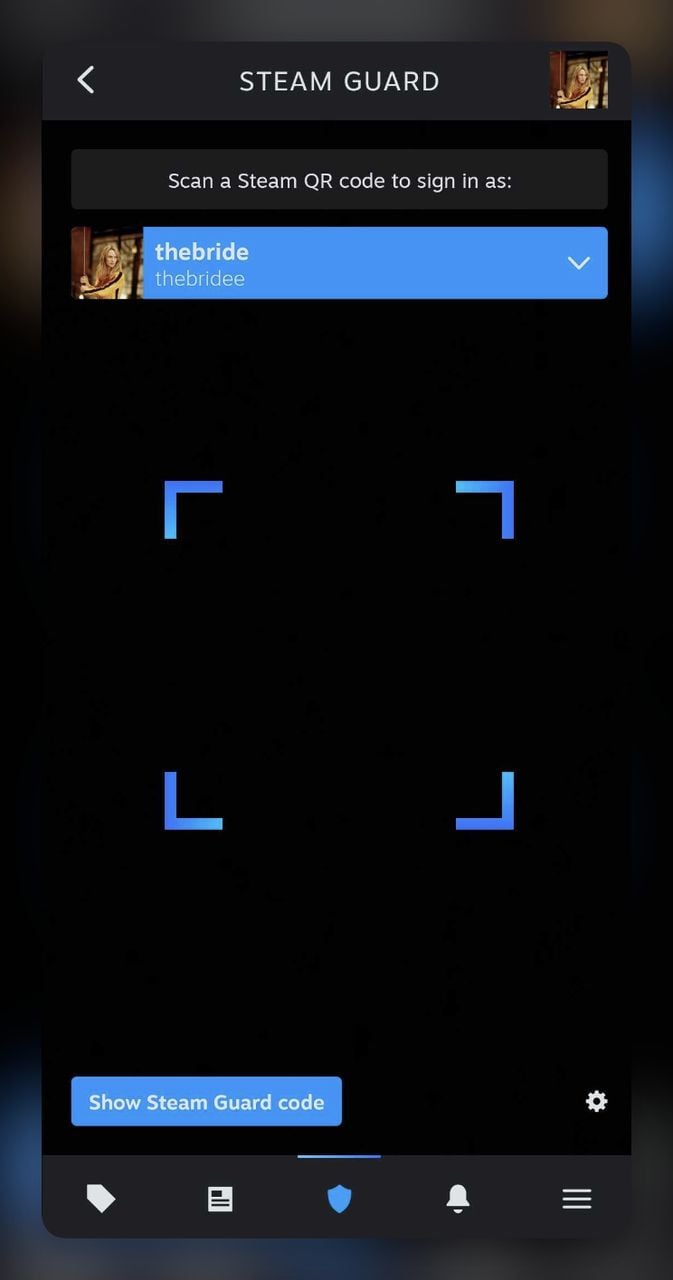 Scan QR Code option inside the Steam Guard menu on the Steam Mobile App