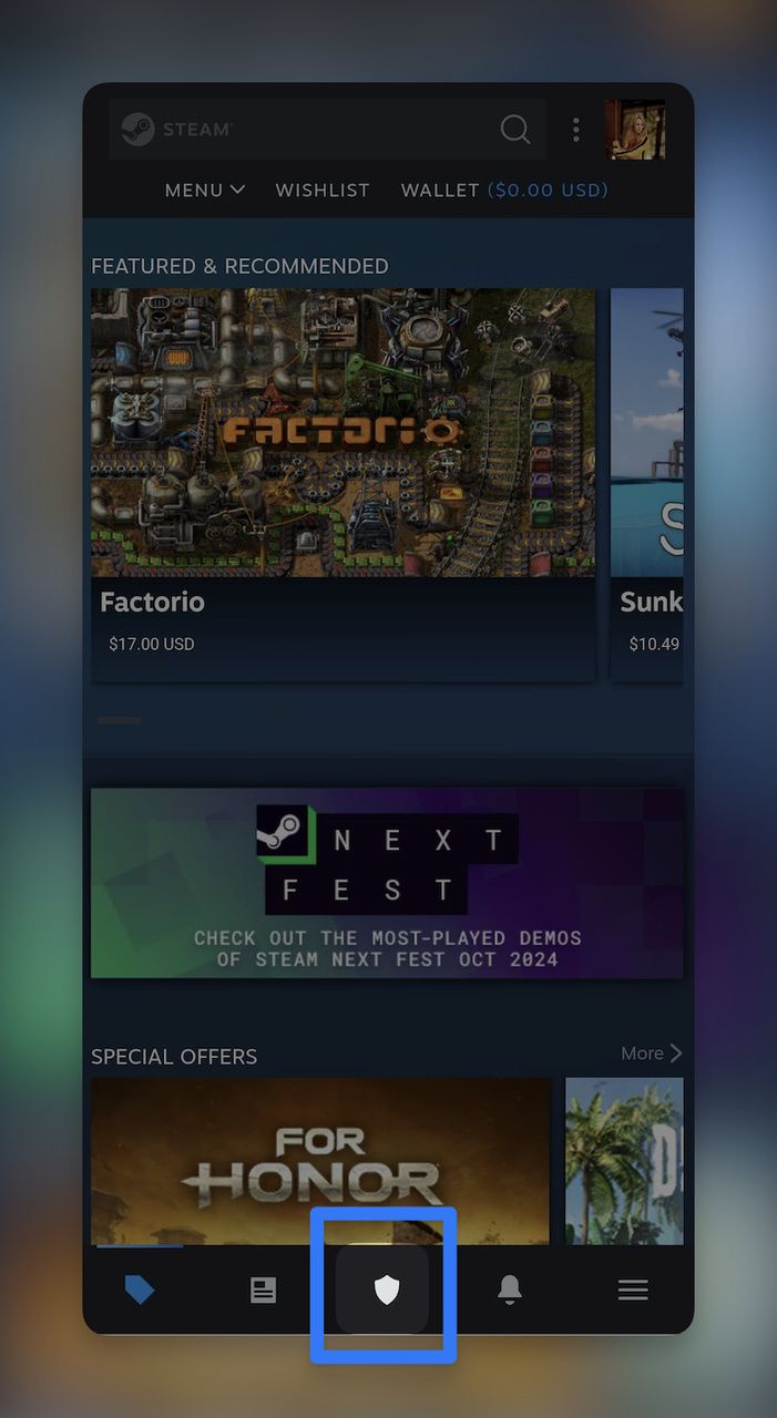 Steam Guard shield icon at the bottom right of the Steam Mobile App home screen