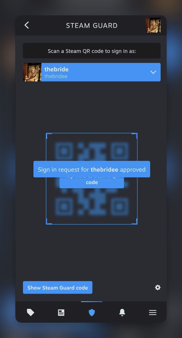 Sign-in request approved confirmation screen on the Steam Mobile App after QR scan