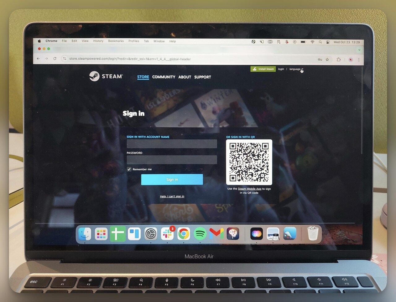 Steam PC login screen showing the QR code panel ready for mobile app scanning