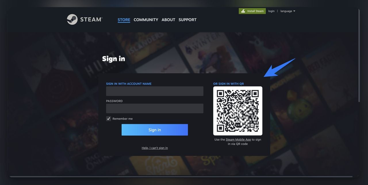 Steam desktop login page on PC with QR code panel for mobile app sign-in