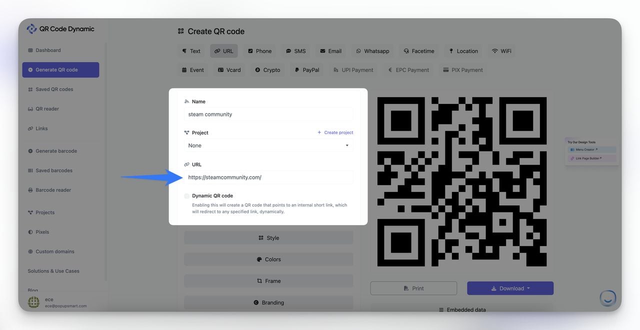 URL field on QR Code Dynamic with a Steam game store page link being pasted in
