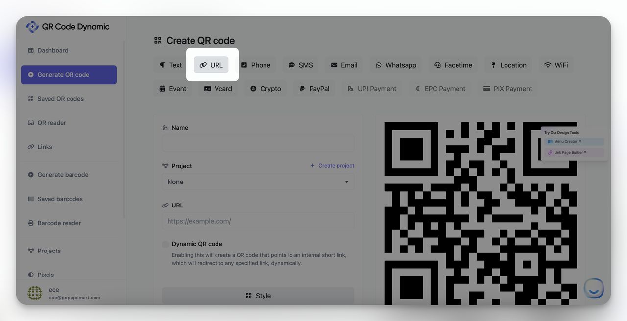 URL QR Code type selected on the QR Code Dynamic creation page for Steam links