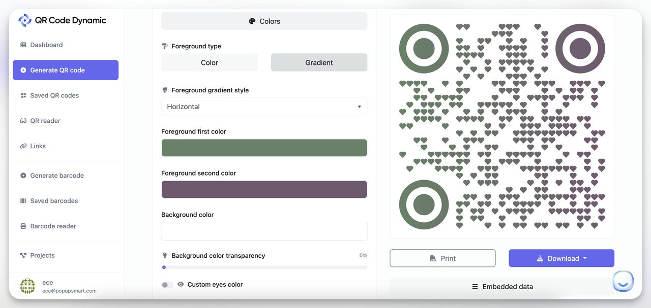 Customizable QR code seating chart with gradient colors and heart-shaped pattern