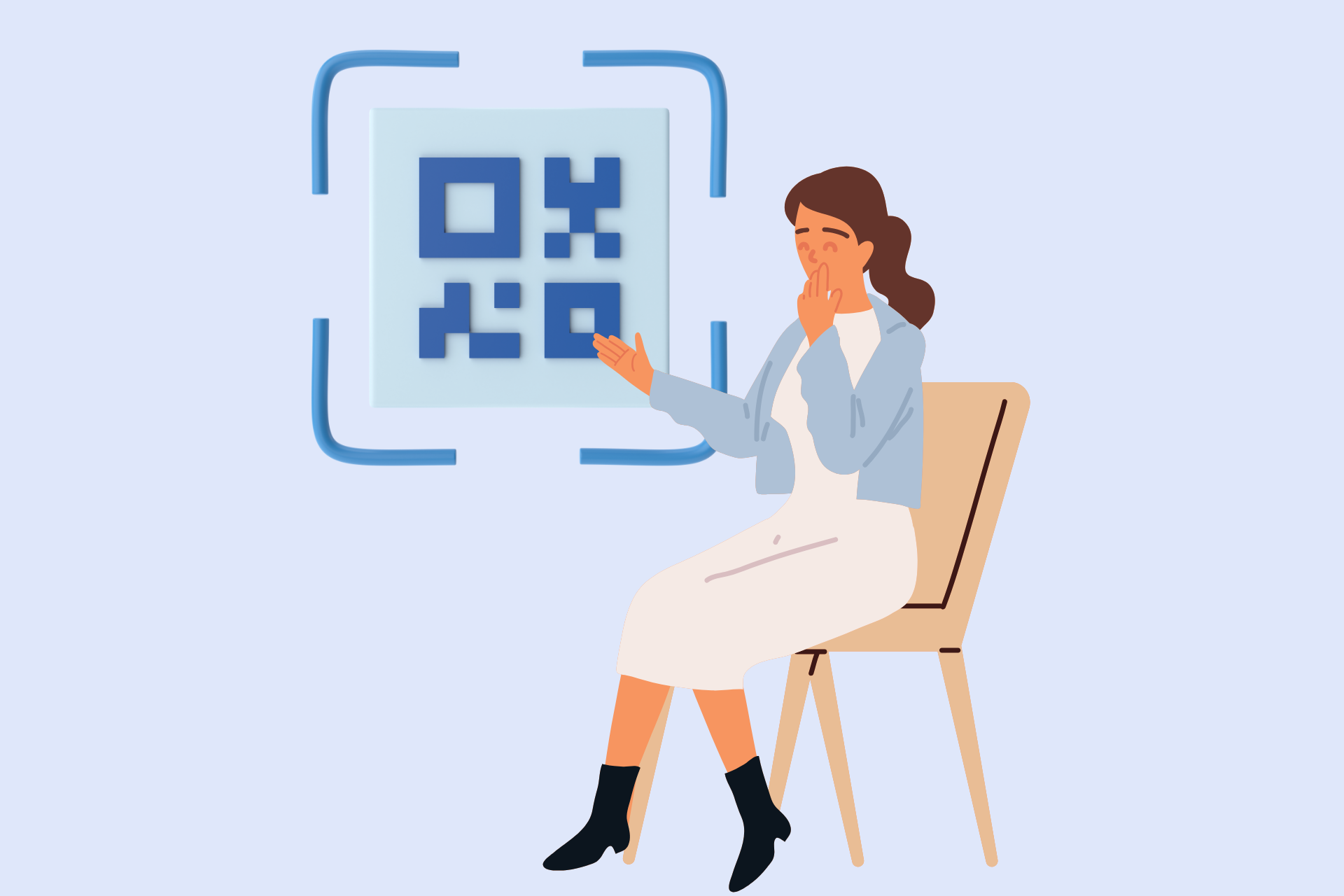 Cover image with an illustration of a seated woman and a QR code behind her.