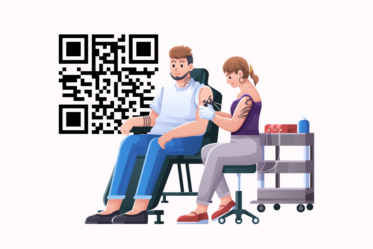 Illustration of a tattoo artist creating a QR code tattoo on a client's arm