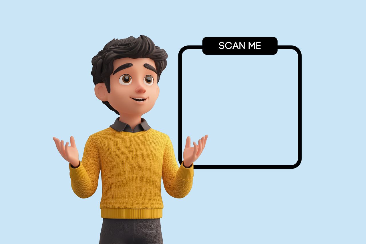 Illustration of a cheerful animated character in a yellow sweater gesturing towards a blank frame