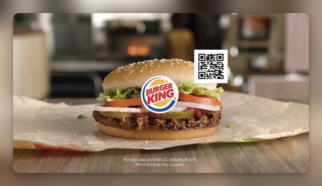 Burger King pandemic QR code TV advertisement offering an instant scan-to-redeem discount