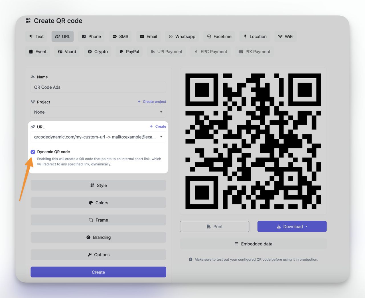 Dynamic QR code toggle inside QR Code Dynamic's editor for editable trackable codes