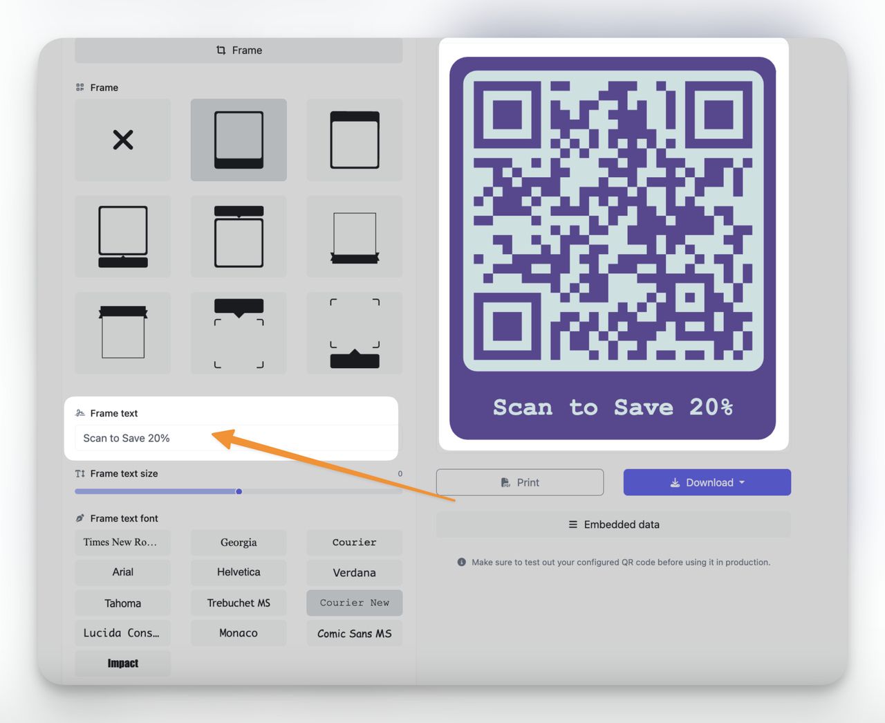 QR code with a Scan to Save 20 percent call-to-action frame for print advertising