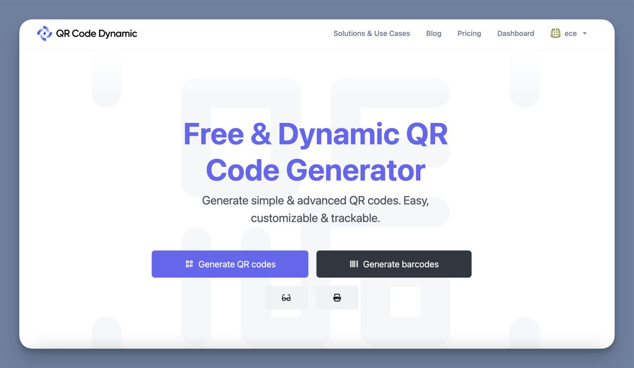 QR Code Dynamic homepage showing the Generate QR Codes button and dashboard entry point