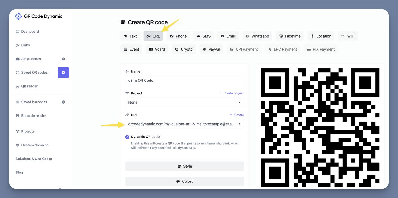 QR Code Dynamic URL category screen for encoding a direct eSIM activation link