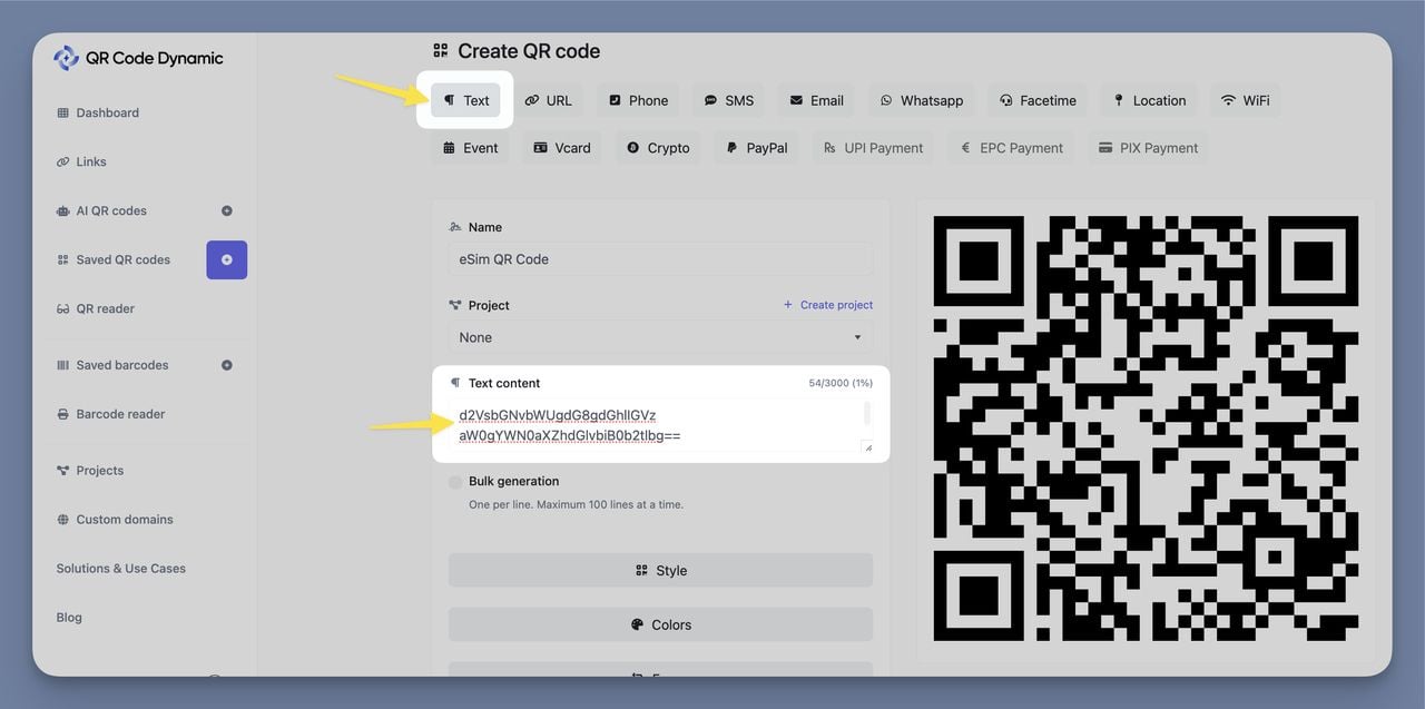 QR Code Dynamic text category screen for encoding a raw LPA string into a QR code