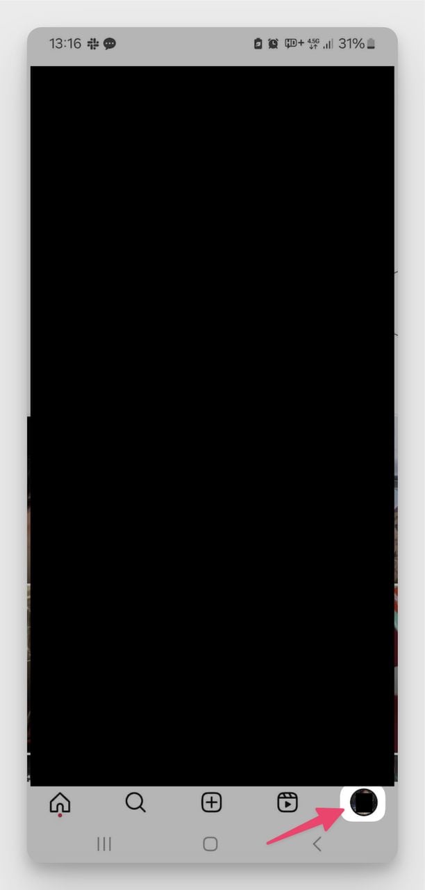 Instagram Android app with arrow pointing to the profile icon in the bottom right corner.
