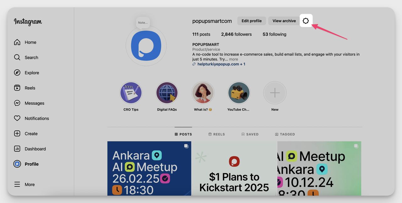 Instagram desktop profile page with an arrow highlighting the settings gear icon.