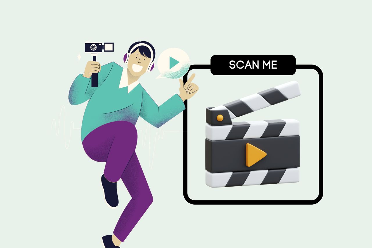 Illustration of a persopointing at a QR code with a clapperboard icon and "SCAN ME" text, symbolizing video-to-QR conversion.