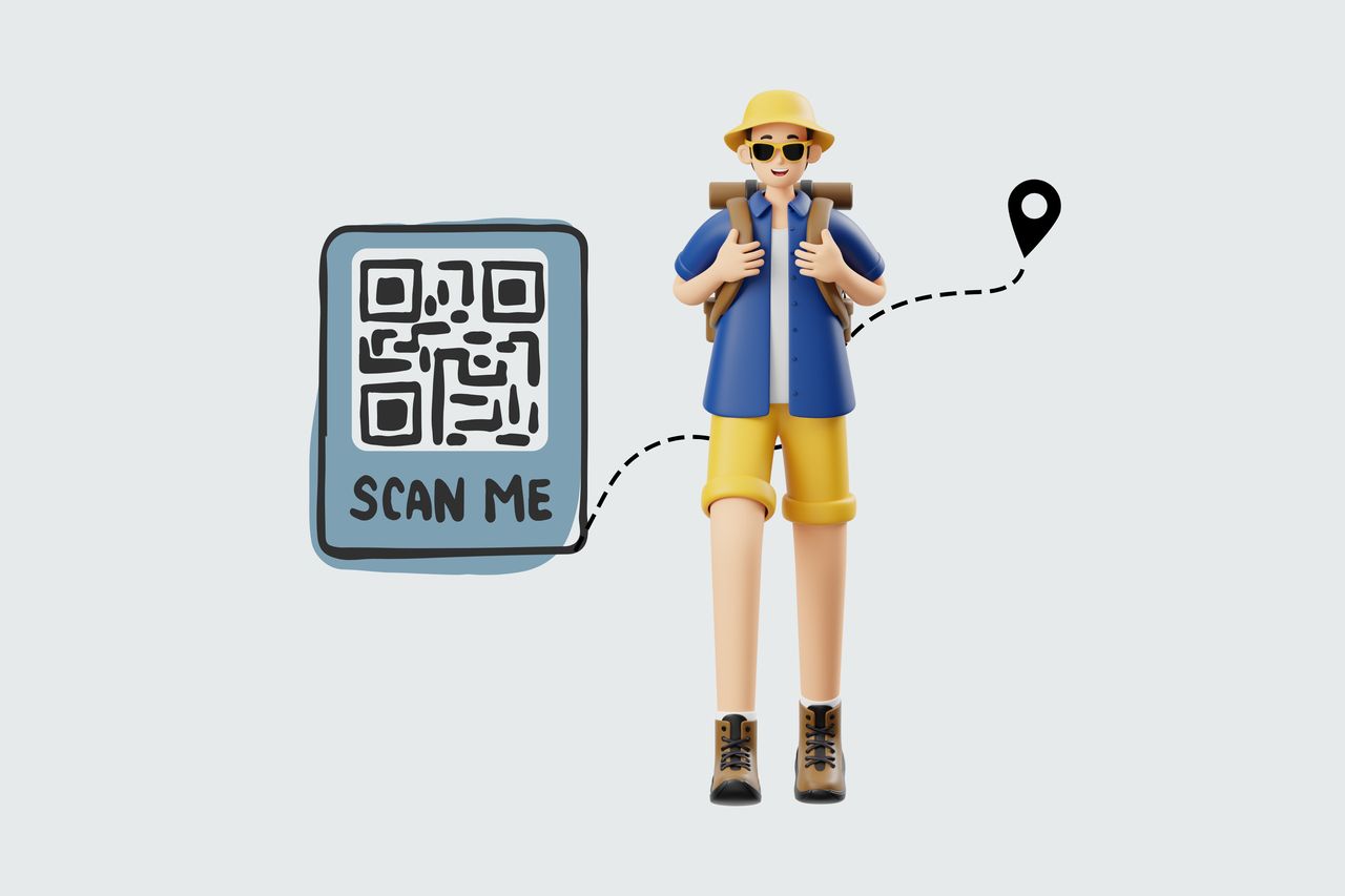 Illustration of a trackable QR code for location sharing with a tourist character