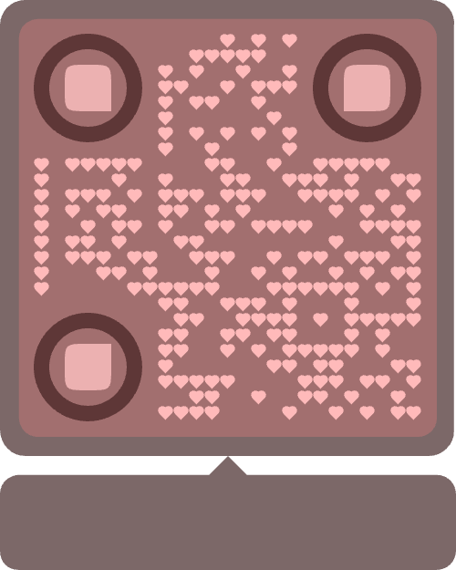 An artistic QR code designed with various unique elements and shapes, featuring a mix of pink-toned colors for a visually striking appearance.