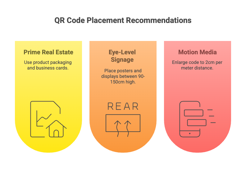 Placement recommendations diagram showing where to print QR codes on different materials