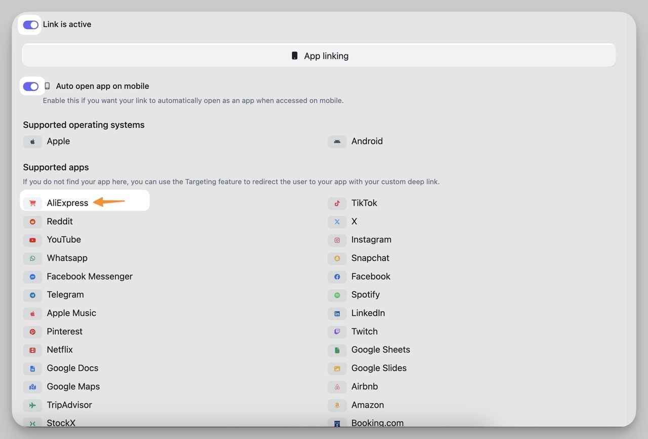 App linking settings in QR Code Dynamic showing AliExpress selected to create a QR code that opens AliExpress app on mobile.